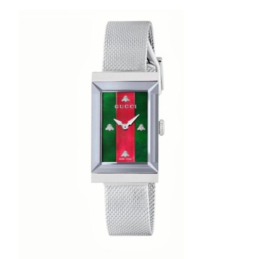 New Full Set Gucci G-Frame Women Stainless Steel Green Red Dial Mesh Watch 21mm